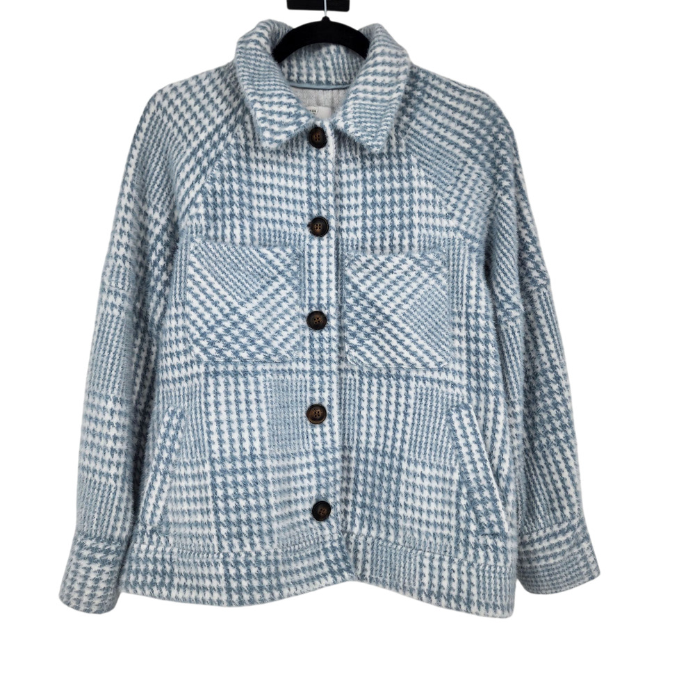 Greylin Anthropologie Houndstooth Blue Front Button Shirt Jacket Size XS